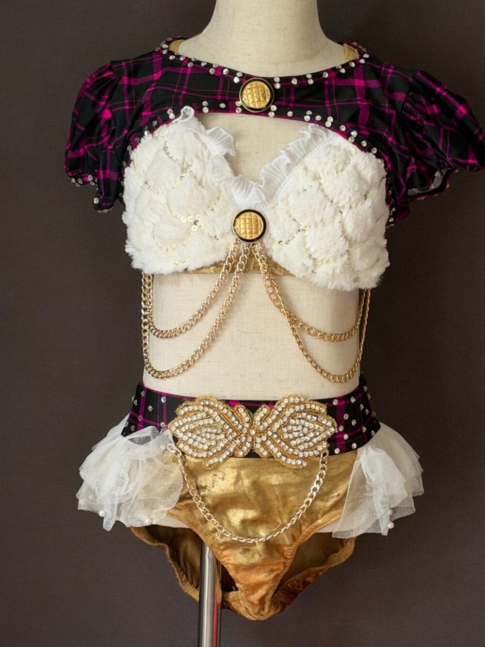 Contours Pink Plaid Gold Faux Fur 3 Piece Dance Costume Rhinestone Chain XS